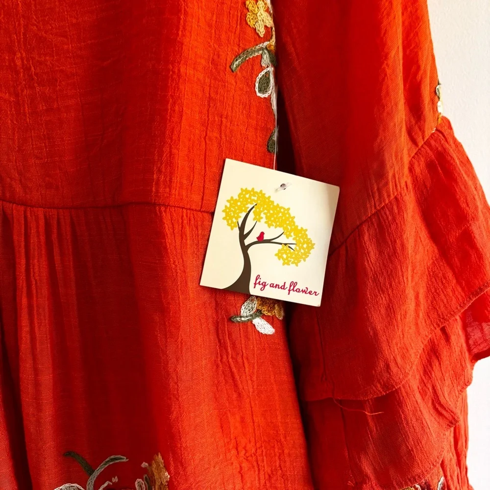 Anthropologie Fig and Flower cottage boho tiered sleeve dress floral embroidered